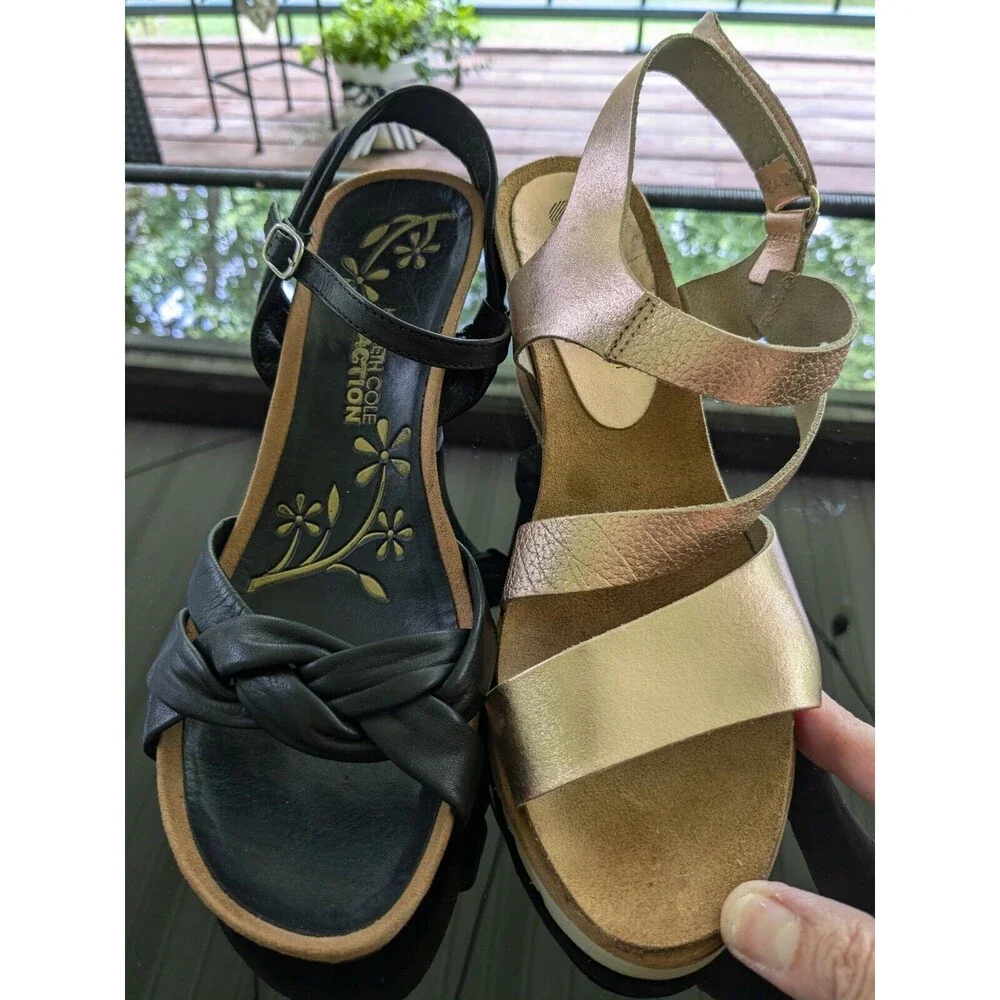 Eric Michael Sandal Womens Sz 8 Rose Gold Leather Wedge Heel AnkleStrap Metallic